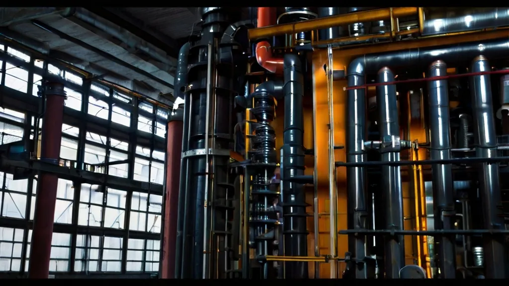 Emaranhado de tubulações industriais dentro da planta