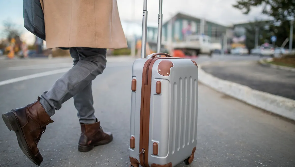 Pessoa puxando mala de viagem na calçada